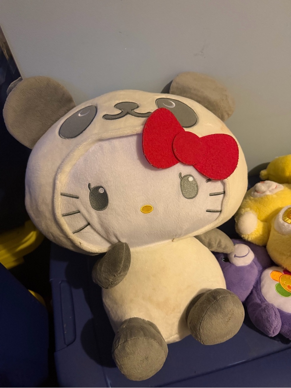 XL Hello Kitty Panda Plush Toy with Red Bow - Soft Grey & White Stuffed Animal